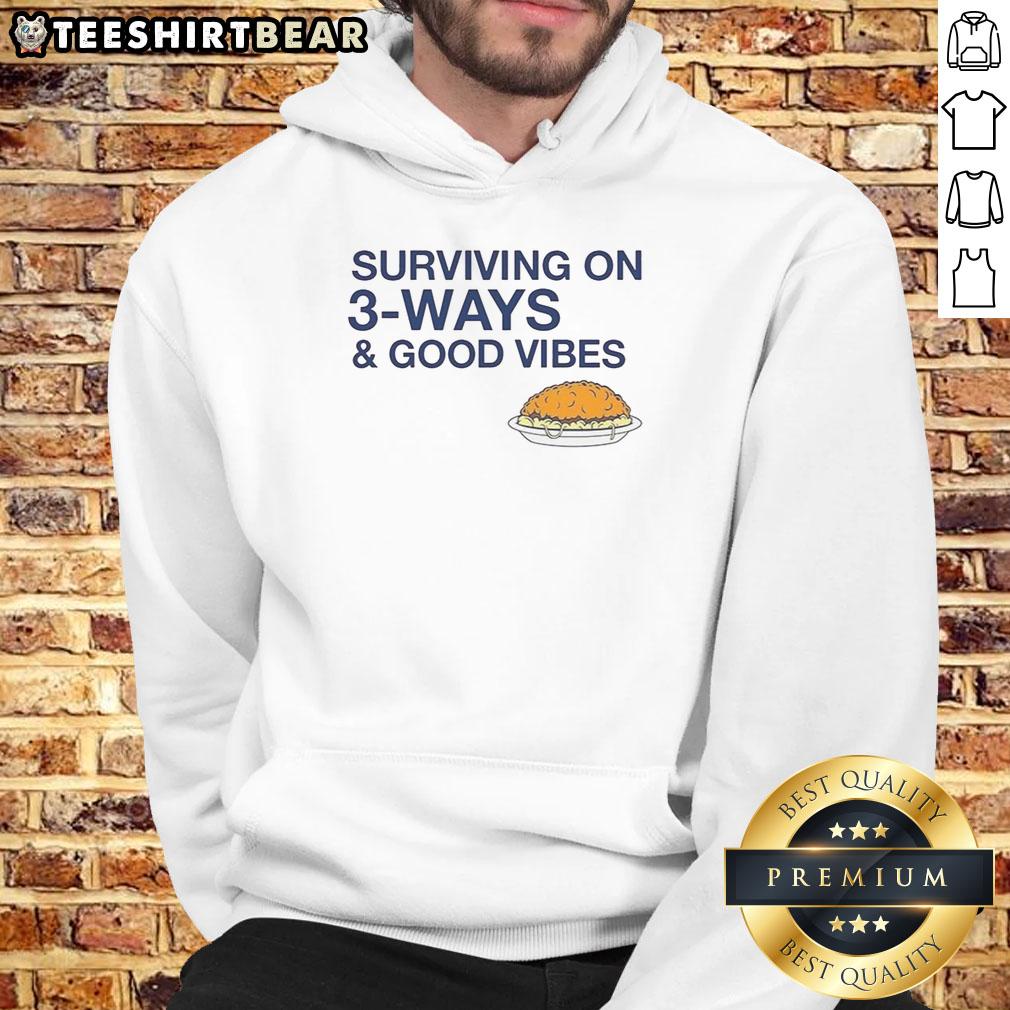 Cozy Official Cincinnati Chili hoodie featuring 'Surviving on 3 Ways and Good Vibes' design, perfect for chili lovers.