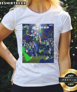 Jaxon Smith-Njigba celebrating Super Bowl LX victory in Seattle Seahawks ladies tee, 2026 Champions edition.