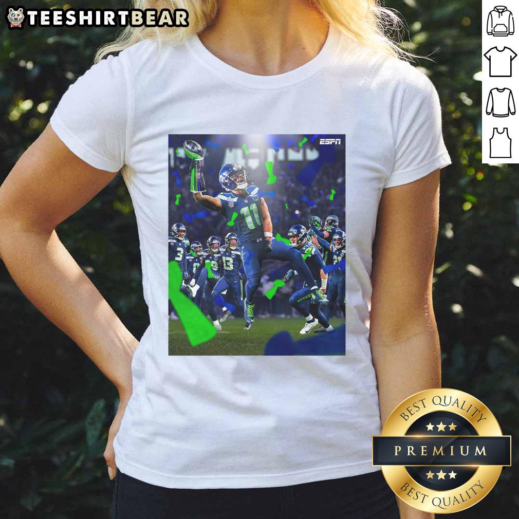 Jaxon Smith-Njigba celebrating Super Bowl LX victory in Seattle Seahawks ladies tee, 2026 Champions edition.