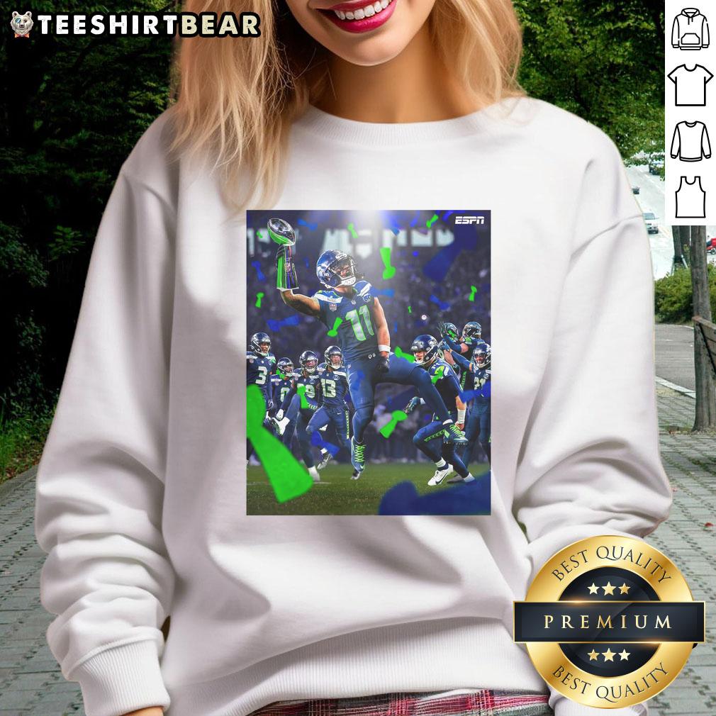 Jaxon Smith-Njigba Seattle Seahawks Super Bowl LX Champions 2026 sweatshirt celebrating victory in team colors.