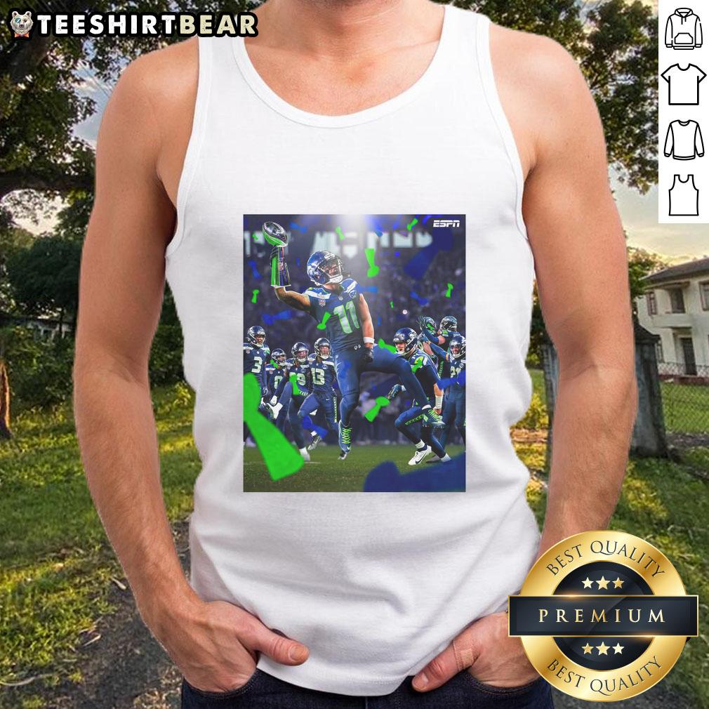 Jaxon Smith-Njigba wearing a Seattle Seahawks Super Bowl LX Champions tank top, celebrating victory in 2026.
