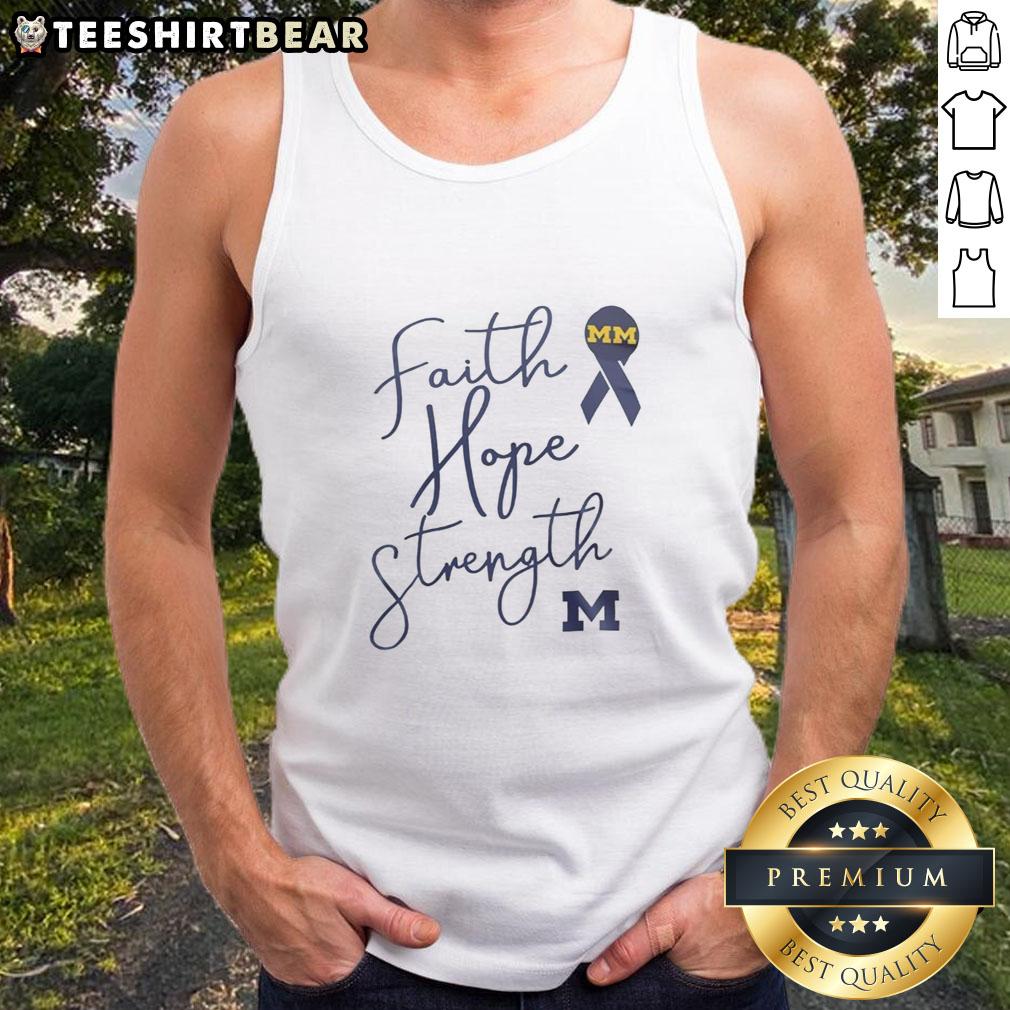 Official Michigan Wolverines men's basketball tank top featuring 'Block Cancer' theme of faith, hope, and strength.