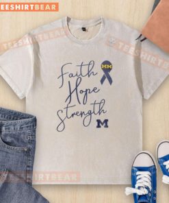 Official Michigan Wolverines Men's Basketball Block Cancer T-Shirt featuring Faith, Hope, Strength design.