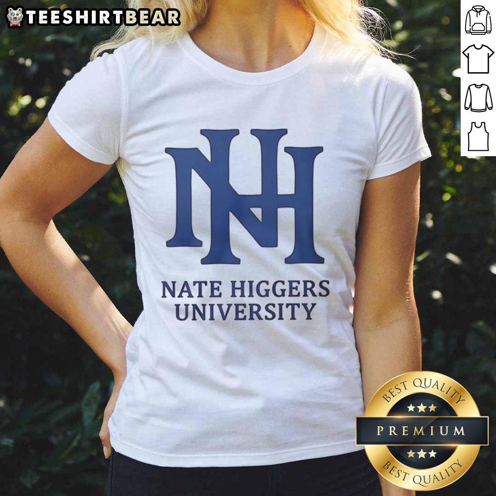 Official Nate Higgers University logo on a stylish ladies tee, perfect for school spirit and casual wear.