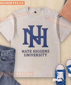 Official Nate Higgers University logo on a washed t-shirt, showcasing a stylish and casual design for fans.