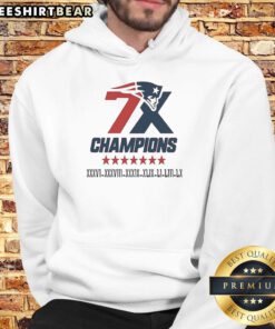 Alt Text: Official New England Patriots 7x Super Bowl Champions logo hoodie featuring team colors and emblem.