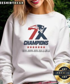 Official New England Patriots 7x Super Bowl Champions logo sweatshirt featuring team colors and championship design.