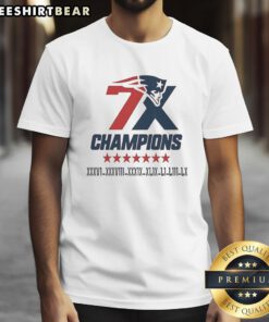 Alt Text: Official New England Patriots 7X Super Bowl Champions logo t-shirt featuring vibrant graphics and team colors.