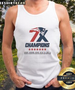 Official New England Patriots 7x Super Bowl Champions logo tank top featuring team colors and iconic design.