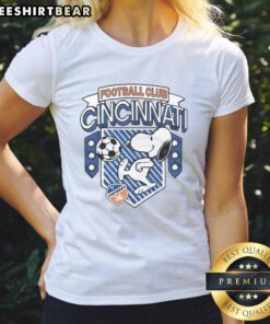 Official Peanuts Snoopy X FC Cincinnati ladies tee featuring a stylish design and vibrant colors for fans.