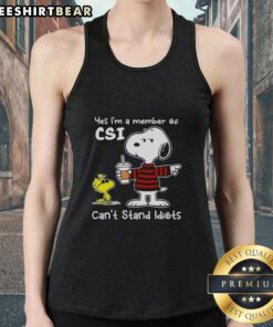 Official Peanuts Snoopy tank top featuring 'Yes I'm a Member of CSI - Can't Stand Idiots' design for fans.
