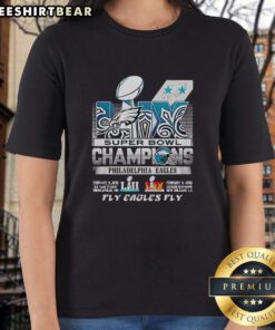 Alt Text: Official Philadelphia Eagles Super Bowl LIX Champions Fly Eagles Fly ladies tee celebrating the Eagles' victory.