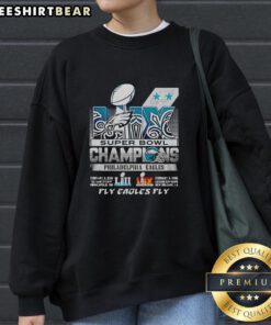Official Philadelphia Eagles Super Bowl LIX Champions sweatshirt featuring 'Fly Eagles Fly' design.