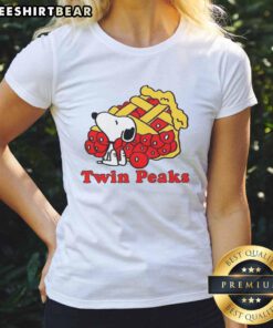 Alt Text: Official Snoopy Twin Peaks Ladies Tee featuring a colorful graphic of Snoopy against a vintage-style background.