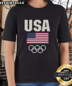 Official Team USA flag design on an Olympic golf ladies' tee, showcasing patriotism and sportsmanship.
