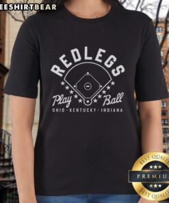 Original Redlegs Oki Baseball Play Ball ladies tee featuring Ohio, Kentucky, and Indiana designs for baseball fans.