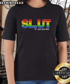 Original Slut Salt Lake Utah LGBT Pride ladies tee featuring vibrant colors and bold design celebrating pride.