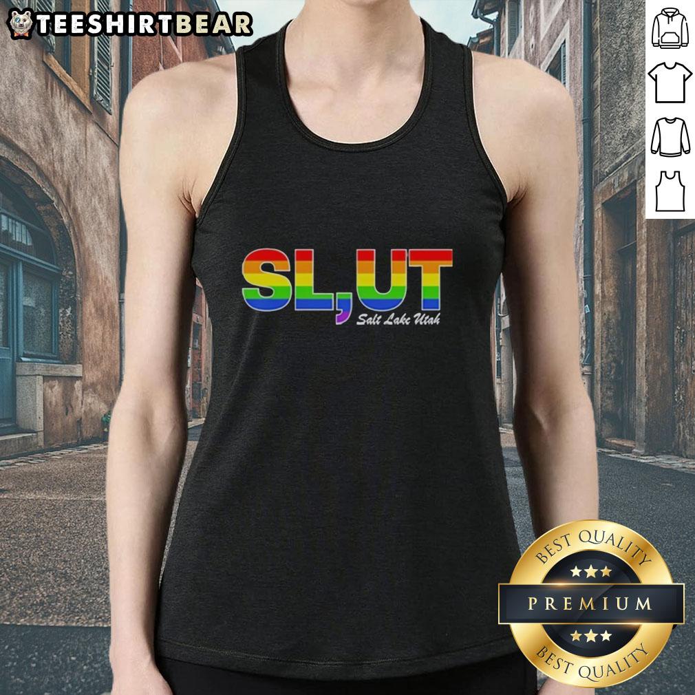 Original Slut Salt Lake Utah LGBT Pride Tank Top featuring vibrant colors and a bold design for pride celebrations.