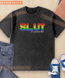 Original Slut Salt Lake Utah LGBT Pride washed t-shirt featuring vibrant colors and bold pride graphics.