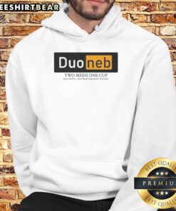 Premium Duoneb Two Meds One Cup hoodie featuring logo, ideal for respiratory therapy enthusiasts.