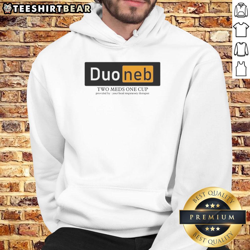 Premium Duoneb Two Meds One Cup hoodie featuring logo, ideal for respiratory therapy enthusiasts.