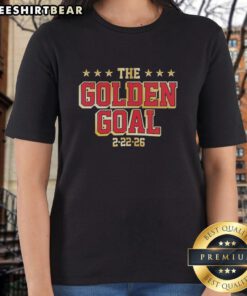 Alt Text: Premium Jack Hughes USA Hockey Golden Goal Ladies Tee showcasing vibrant design and team spirit for fans.