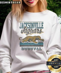 Alt Text: Premium Jacksonville Jaguars Spirit Script Sweatshirt featuring bold team logo and stylish design for fans.