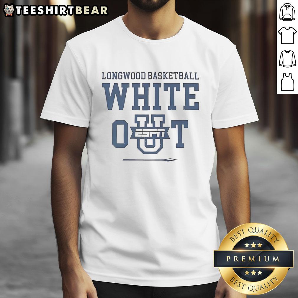 Premium Longwood Basketball White Out ESPN Event T-Shirt featuring team logo and vibrant white design for fans.