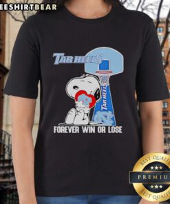 Premium Peanuts Snoopy Forever Win or Lose North Carolina Tar Heels Basketball Ladies Tee in vibrant blue.
