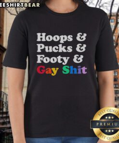 Premium Sarah Spain hoops, pucks, and footy ladies tee featuring a playful design for sports and LGBTQ+ pride.