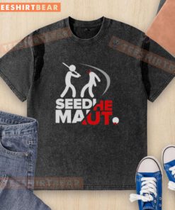 Alt Text: Premium Stick Figure Beheading Seedhe Maut logo on a washed t-shirt, showcasing unique streetwear style.