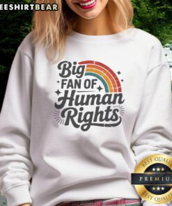 Alt Text: Colorful 'Pretty Big Fan of Human Rights' rainbow sweatshirt displayed on a mannequin, promoting equality and inclusivity.