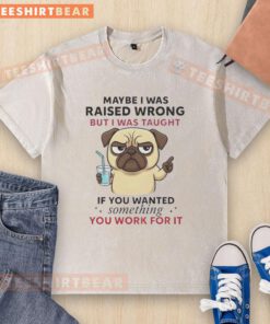 Cute pug dog wearing a 'Work for It' washed t-shirt, showcasing a funny and motivational design for dog lovers.