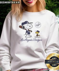 Alt Text: Pretty Snoopy and Woodstock on a Los Angeles Dodgers baseball sweatshirt for 2025, perfect for fans.