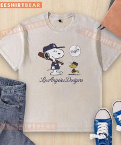 Pretty Snoopy and Woodstock Los Angeles Dodgers baseball 2025 washed t-shirt featuring vibrant graphics and a relaxed fit.