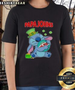 St. Patrick's Day ladies tee featuring a playful pizza design with Papa John's logo and colorful stitching details.