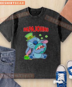 Pretty Stitch St. Patrick's Hug pizza design on a Papa John's logo washed t-shirt, perfect for festive celebrations.