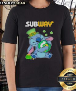Pretty Stitch St. Patrick's Day Hug Subway Logo Ladies Tee showcasing festive design and vibrant colors for holiday celebrations.