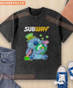Alt Text: Pretty Stitch St. Patrick's Hug Subway Logo on a washed t-shirt, perfect for festive celebrations.