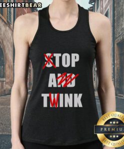Alt Text: Pretty Stop And Think Top: A stylish twink tank top featuring a vibrant design, perfect for summer outings.