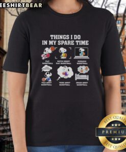 Snoopy playing basketball on a ladies tee, showcasing fun and stylish activities in my spare time.