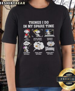 Snoopy playing softball on a ladies tee, showcasing pretty things I do in my spare time.