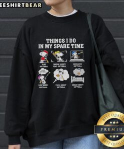Alt Text: Snoopy playing softball on a cozy sweatshirt, perfect for showcasing your love for Pretty Things I Do in My Spare Time.