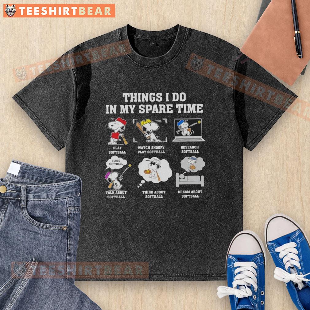 Softball-themed Snoopy graphic on a washed t-shirt, showcasing fun and casual style for leisure activities.