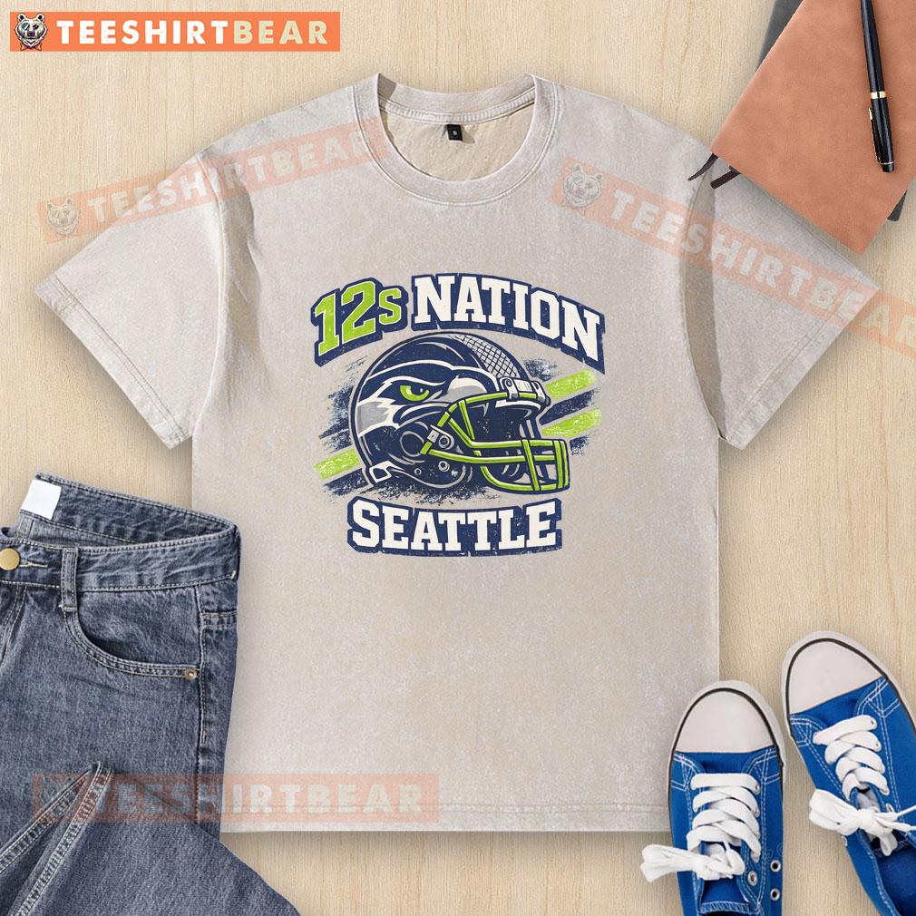 Seattle Football Top 12s Nation washed t-shirt featuring team colors and logo, perfect for fans showing their spirit.