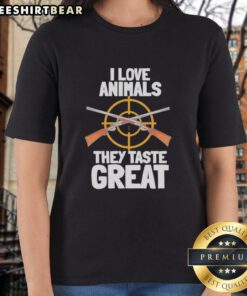 Top I Love Animals They Taste Great Ladies Tee in vibrant colors featuring a playful animal-themed graphic design.