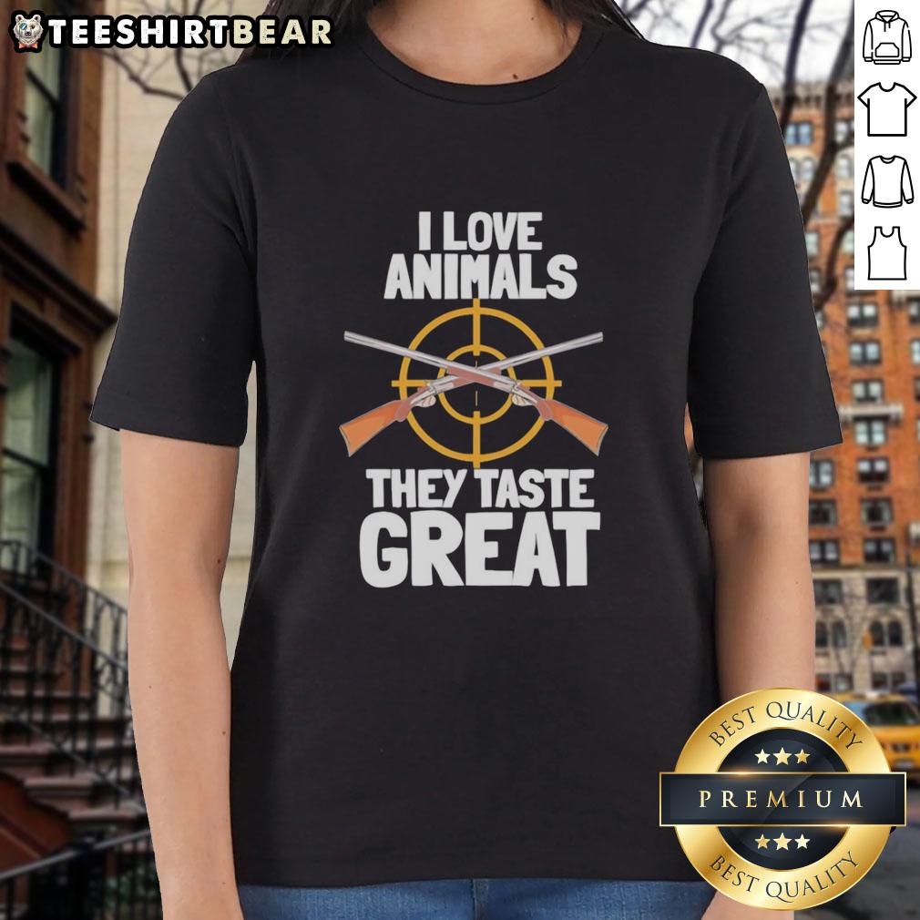 Top I Love Animals They Taste Great Ladies Tee in vibrant colors featuring a playful animal-themed graphic design.
