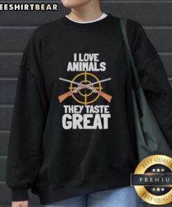 Cozy 'I Love Animals - They Taste Great' sweatshirt in vibrant colors, perfect for animal lovers with a sense of humor.