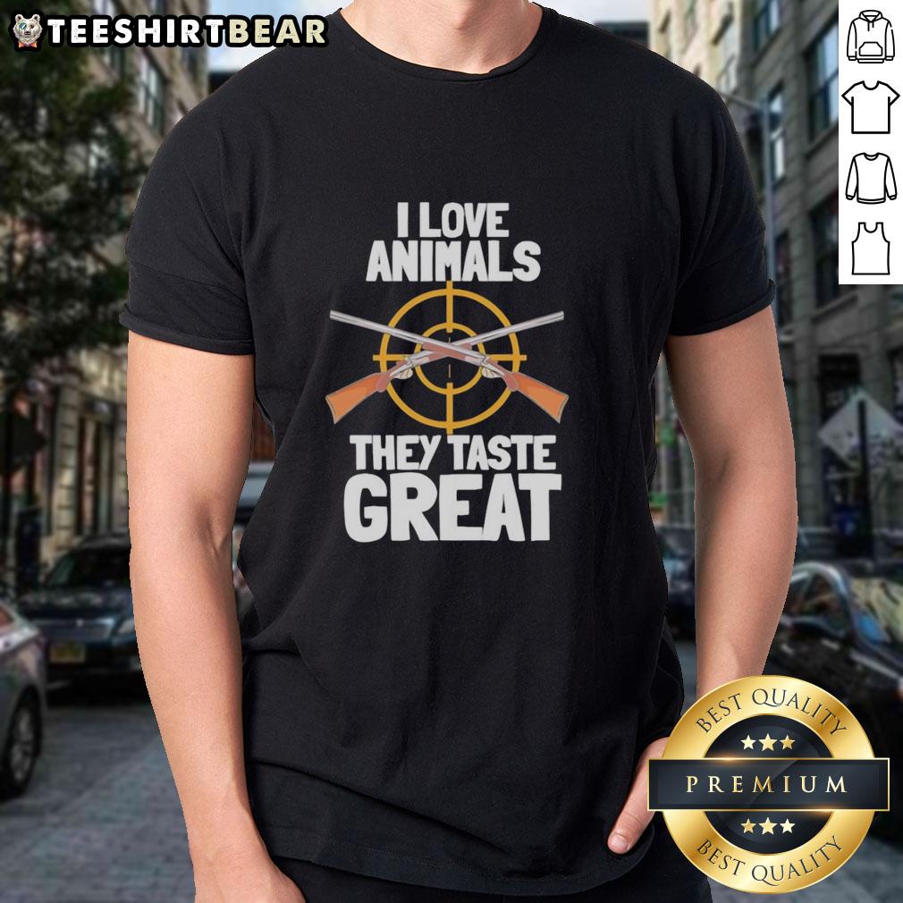 Top I Love Animals They Taste Great T-Shirt featuring a humorous design for animal lovers and food enthusiasts.