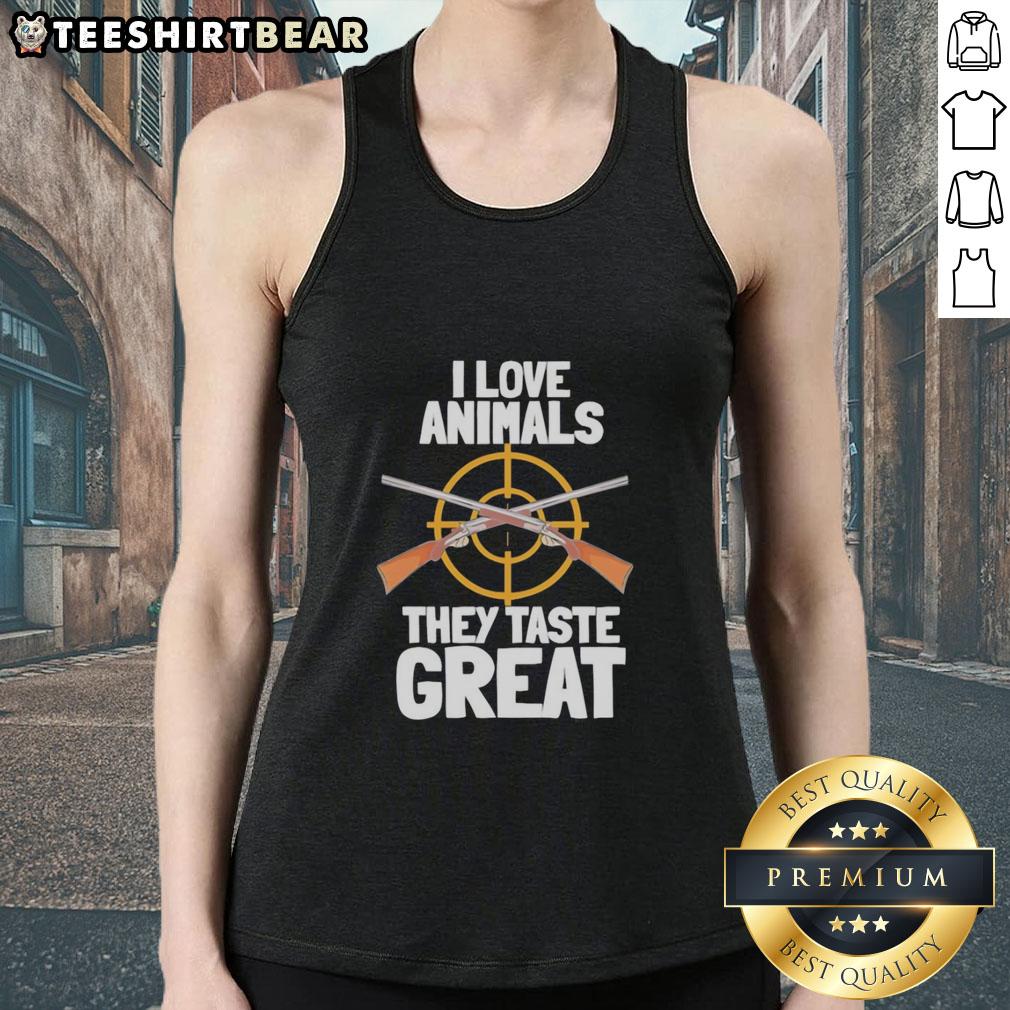 Top I Love Animals They Taste Great Tank Top featuring playful animal graphics and a humorous slogan for animal lovers.